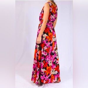 Eliza J. Hibiscus orchids print sleeveless chiffon maxi dress, fully lined, sz 6